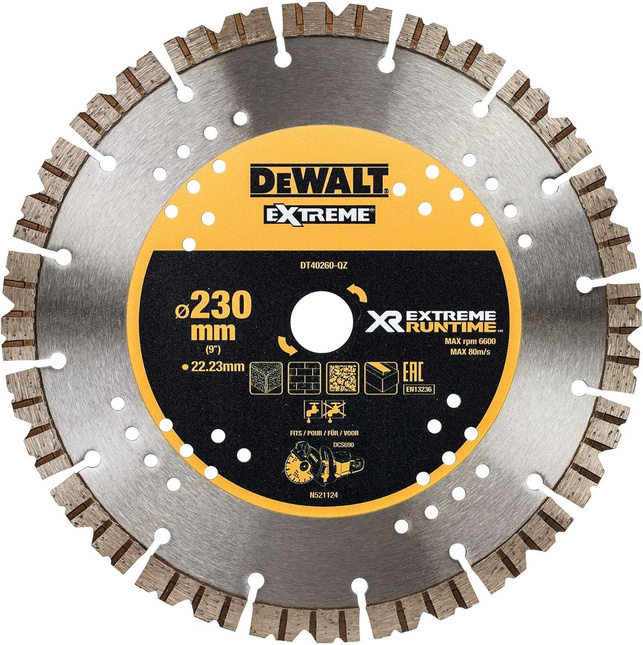 Tarcza diamentowa EXTREME tnąca DEWALT do betonu muru 230x22.23mm DT40260