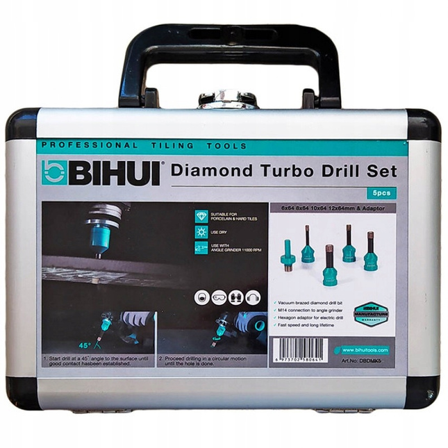 BIHUI WALIZKA ZESTAW OTWORNIC DIAMENTOWYCH 5szt (6-8-10-12mm, adapter)