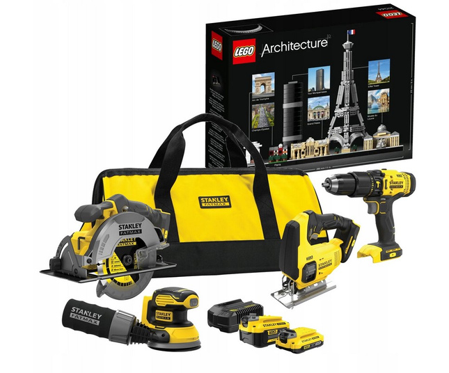Zestaw czterech elektronarzędzi SFMCK412MDS STANLEY FATMAX V20 + LEGO Paryż